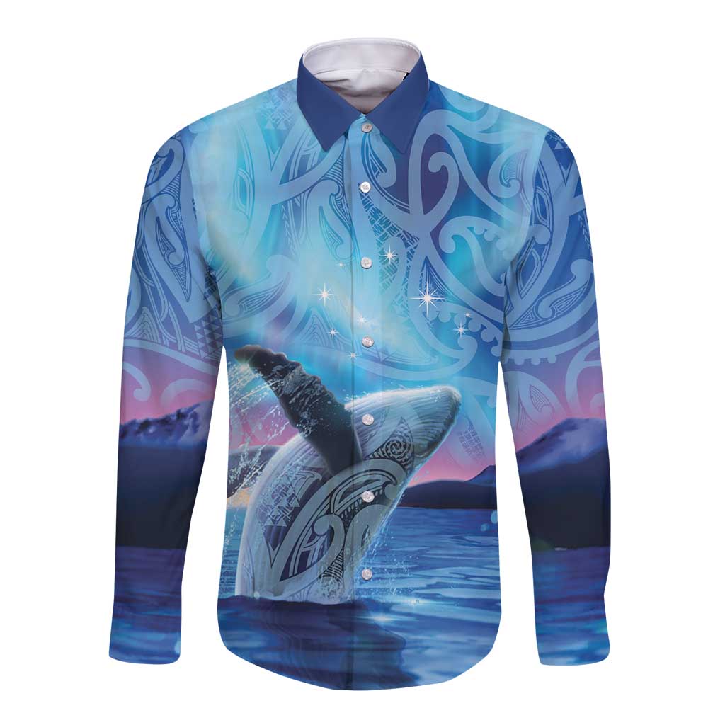 New Zealand Matariki Humpback Whale Long Sleeve Button Shirt Paikea Maori New Year Blue Galaxy LT14 Unisex Blue - Polynesian Pride