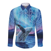 New Zealand Matariki Humpback Whale Long Sleeve Button Shirt Paikea Maori New Year Blue Galaxy LT14 Unisex Blue - Polynesian Pride