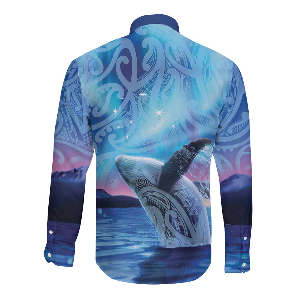 New Zealand Matariki Humpback Whale Long Sleeve Button Shirt Paikea Maori New Year Blue Galaxy LT14 - Polynesian Pride