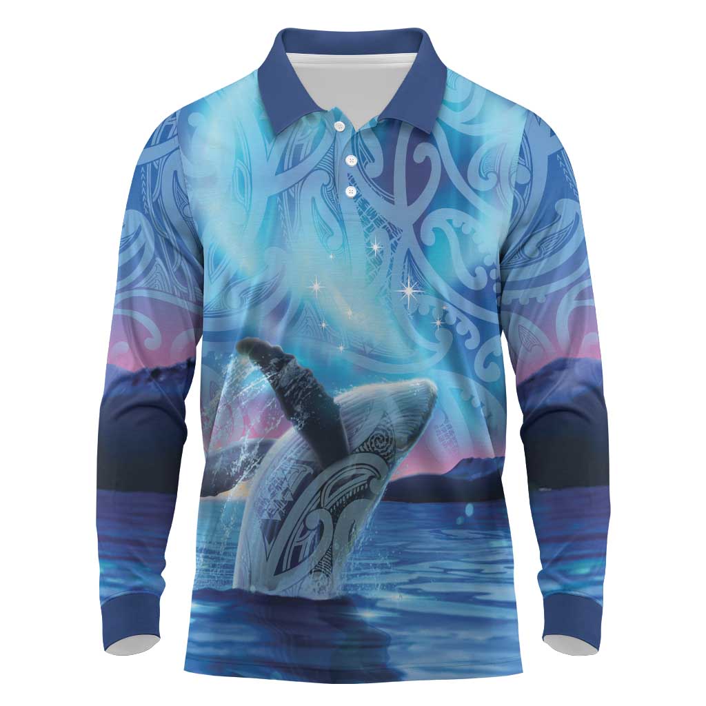 New Zealand Matariki Humpback Whale Long Sleeve Polo Shirt Paikea Maori New Year Blue Galaxy LT14 Blue - Polynesian Pride