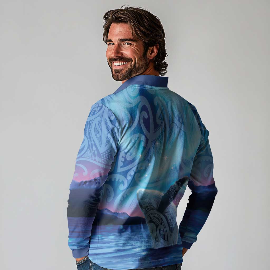 New Zealand Matariki Humpback Whale Long Sleeve Polo Shirt Paikea Maori New Year Blue Galaxy LT14 - Polynesian Pride