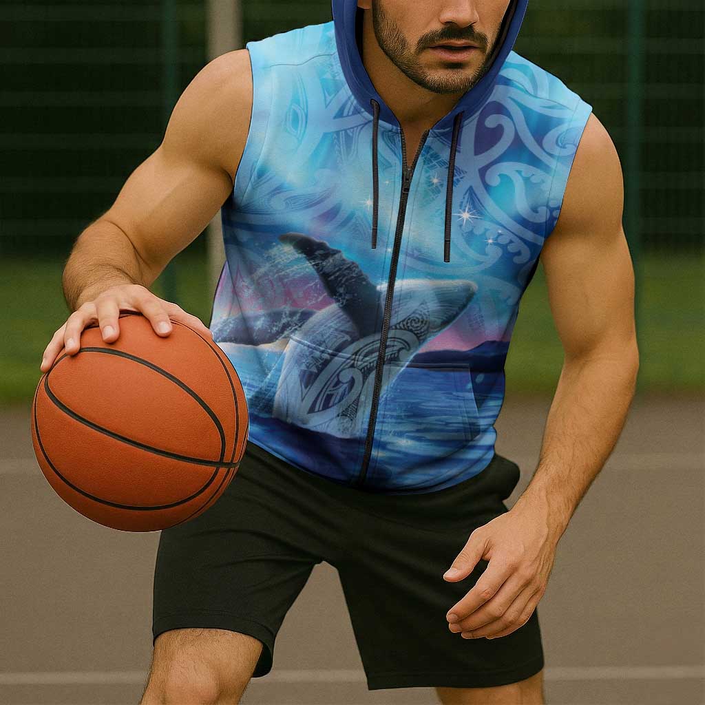 New Zealand Matariki Humpback Whale Sleeveless Zip Hoodie Paikea Maori New Year Blue Galaxy LT14 - Polynesian Pride