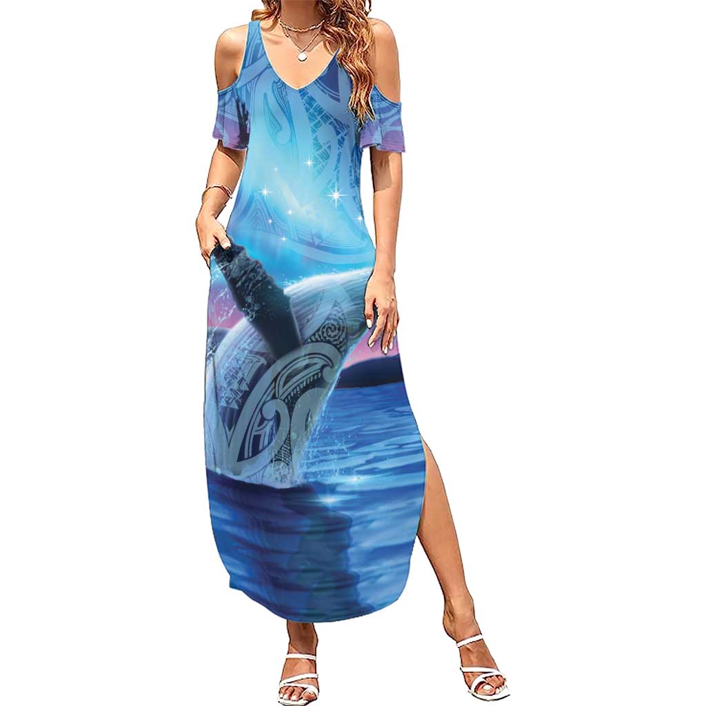 New Zealand Matariki Humpback Whale Summer Maxi Dress Paikea Maori New Year Blue Galaxy LT14 Women Blue - Polynesian Pride