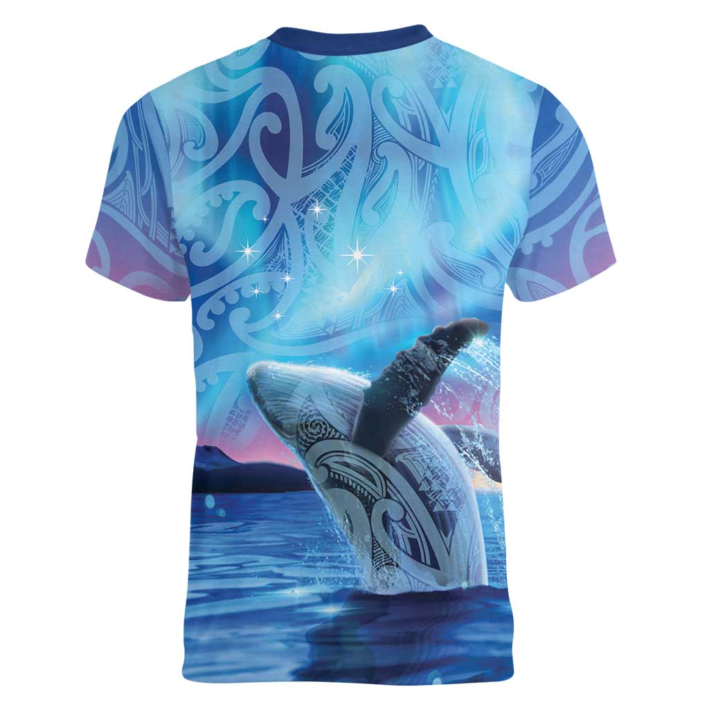 New Zealand Matariki Humpback Whale Women V-Neck T-Shirt Paikea Maori New Year Blue Galaxy LT14 - Polynesian Pride