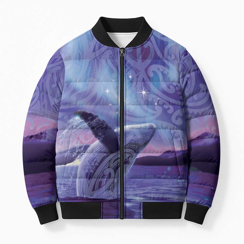 New Zealand Matariki Humpback Whale Bomber Puffer Jacket Paikea Maori New Year Purple Galaxy