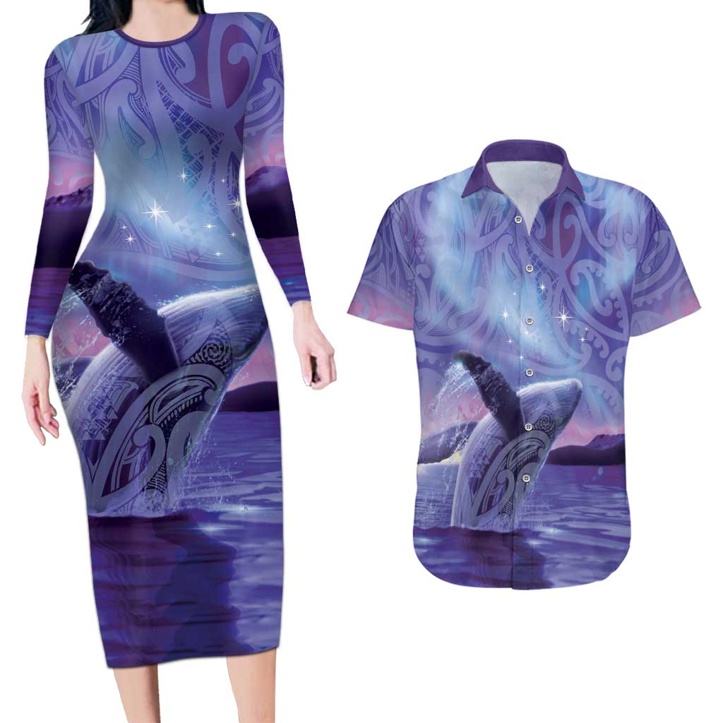 New Zealand Matariki Humpback Whale Couples Matching Long Sleeve Bodycon Dress and Hawaiian Shirt Paikea Maori New Year Purple Galaxy