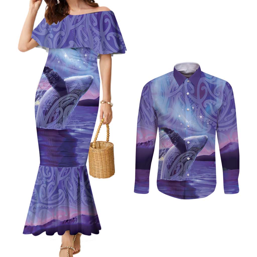 New Zealand Matariki Humpback Whale Couples Matching Mermaid Dress and Long Sleeve Button Shirt Paikea Maori New Year Purple Galaxy