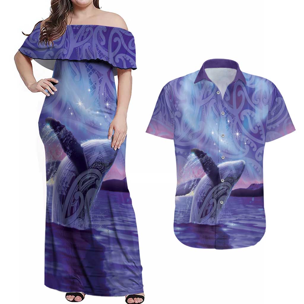 New Zealand Matariki Humpback Whale Couples Matching Off Shoulder Maxi Dress and Hawaiian Shirt Paikea Maori New Year Purple Galaxy LT14 Purple - Polynesian Pride