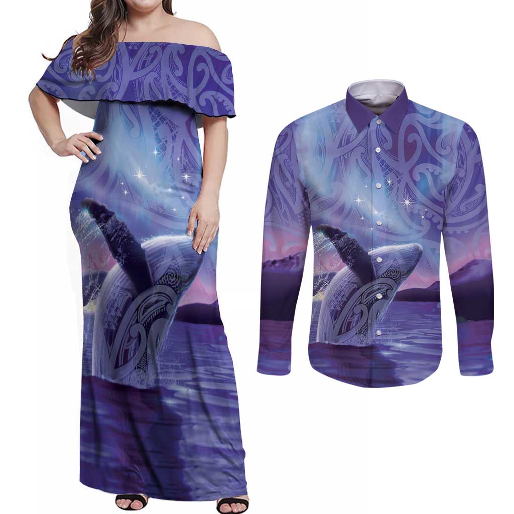 New Zealand Matariki Humpback Whale Couples Matching Off Shoulder Maxi Dress and Long Sleeve Button Shirt Paikea Maori New Year Purple Galaxy LT14 Purple - Polynesian Pride