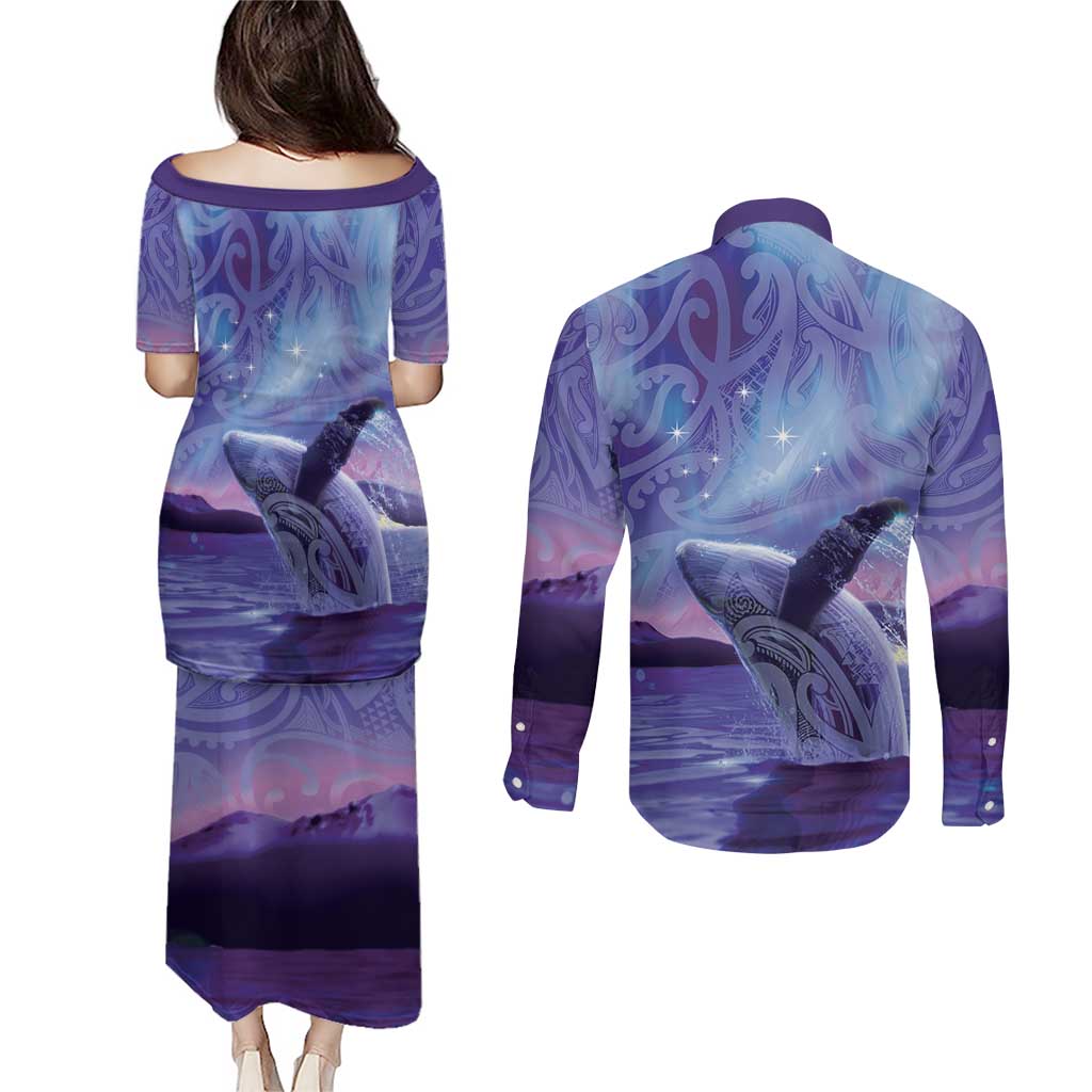 New Zealand Matariki Humpback Whale Couples Matching Puletasi and Long Sleeve Button Shirt Paikea Maori New Year Purple Galaxy LT14 - Polynesian Pride