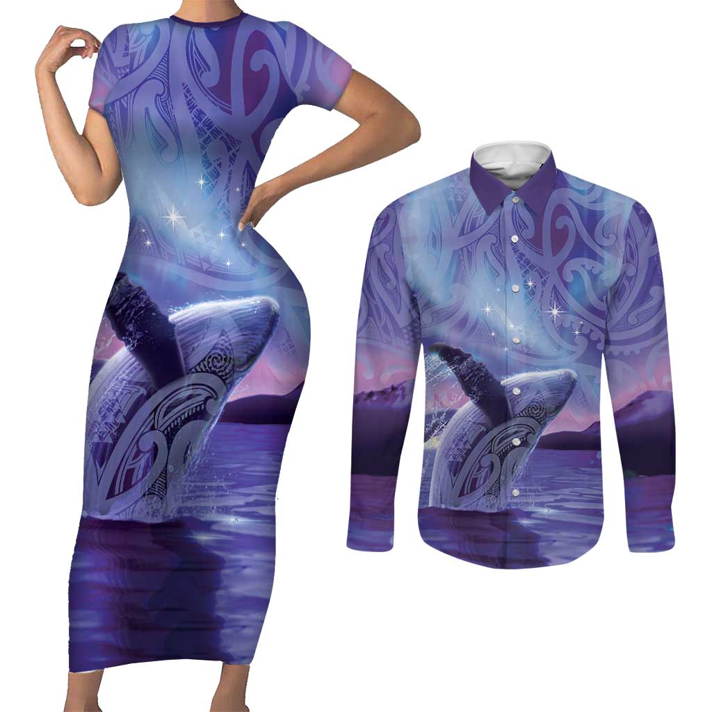 New Zealand Matariki Humpback Whale Couples Matching Short Sleeve Bodycon Dress and Long Sleeve Button Shirt Paikea Maori New Year Purple Galaxy LT14 Purple - Polynesian Pride