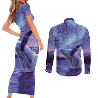 New Zealand Matariki Humpback Whale Couples Matching Short Sleeve Bodycon Dress and Long Sleeve Button Shirt Paikea Maori New Year Purple Galaxy LT14 - Polynesian Pride