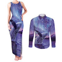 New Zealand Matariki Humpback Whale Couples Matching Tank Maxi Dress and Long Sleeve Button Shirt Paikea Maori New Year Purple Galaxy LT14 Purple - Polynesian Pride
