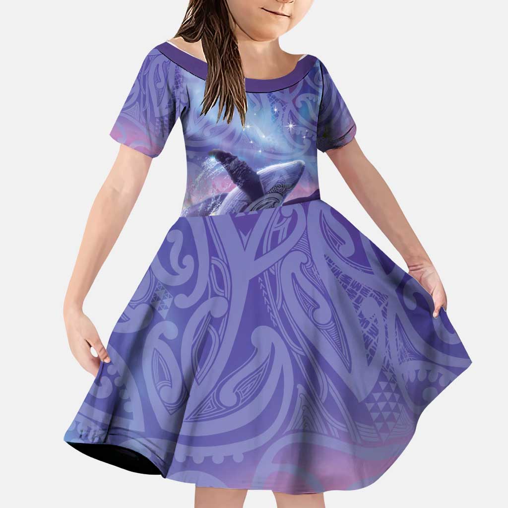 New Zealand Matariki Humpback Whale Family Matching Long Sleeve Bodycon Dress and Hawaiian Shirt Paikea Maori New Year Purple Galaxy LT14 Daughter's Dress Purple - Polynesian Pride