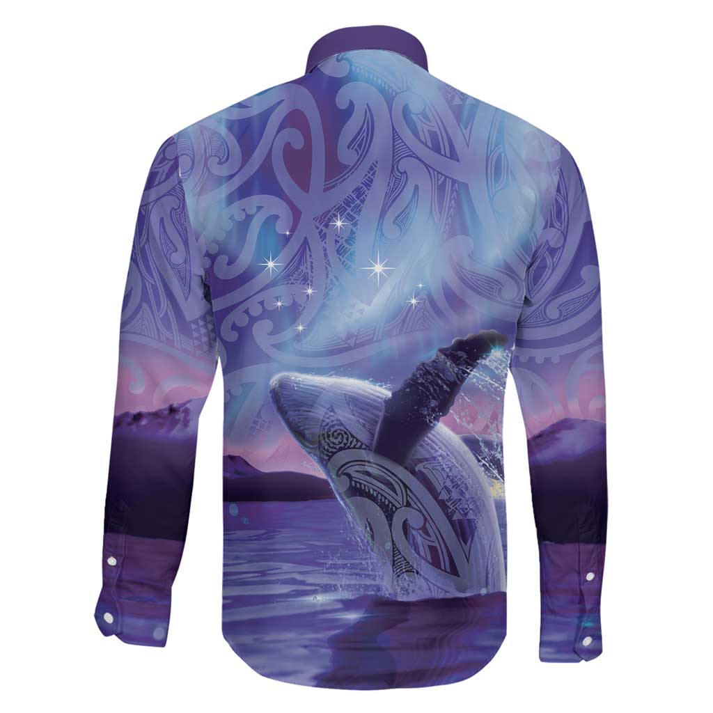 New Zealand Matariki Humpback Whale Family Matching Long Sleeve Bodycon Dress and Hawaiian Shirt Paikea Maori New Year Purple Galaxy LT14 - Polynesian Pride