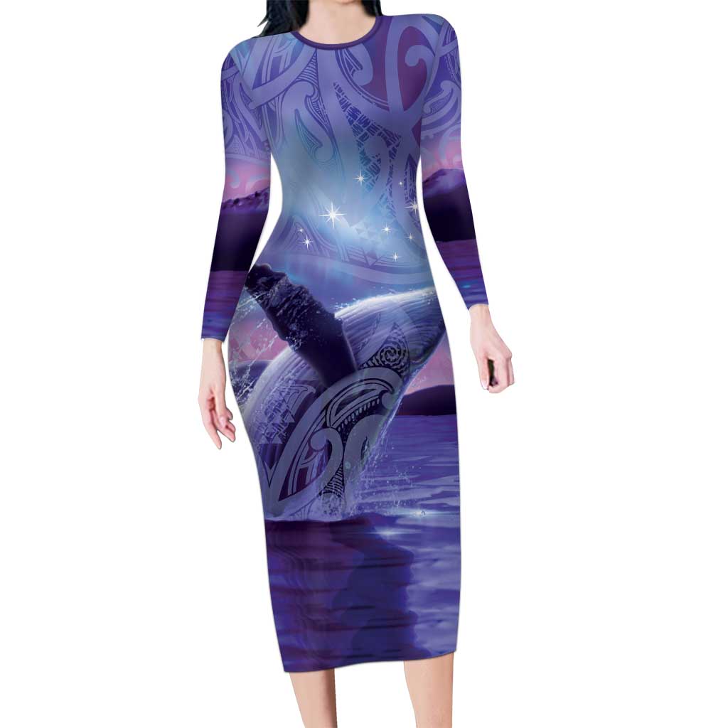 New Zealand Matariki Humpback Whale Family Matching Long Sleeve Bodycon Dress and Hawaiian Shirt Paikea Maori New Year Purple Galaxy LT14 Mom's Dress Purple - Polynesian Pride