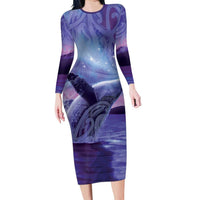 New Zealand Matariki Humpback Whale Family Matching Long Sleeve Bodycon Dress and Hawaiian Shirt Paikea Maori New Year Purple Galaxy LT14 Mom's Dress Purple - Polynesian Pride