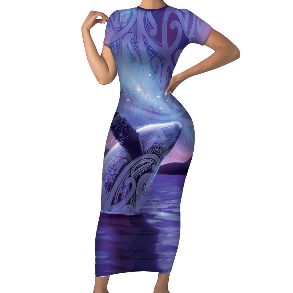 New Zealand Matariki Humpback Whale Family Matching Short Sleeve Bodycon Dress and Hawaiian Shirt Paikea Maori New Year Purple Galaxy LT14 Mom's Dress Purple - Polynesian Pride
