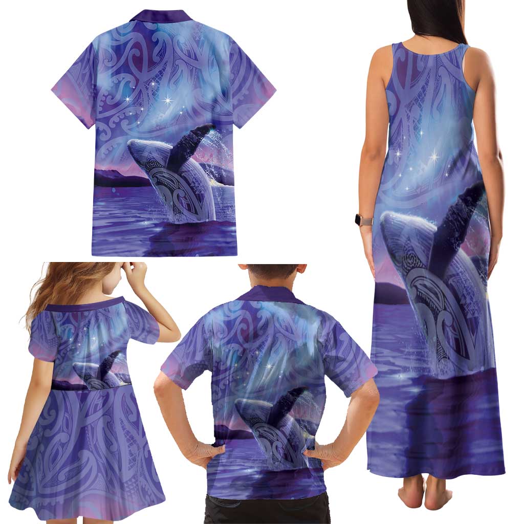 New Zealand Matariki Humpback Whale Family Matching Tank Maxi Dress and Hawaiian Shirt Paikea Maori New Year Purple Galaxy LT14 - Polynesian Pride