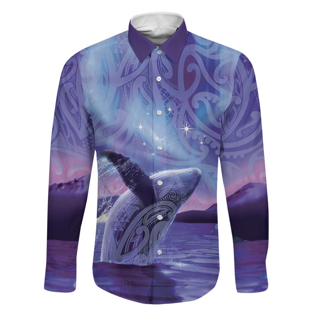 New Zealand Matariki Humpback Whale Family Matching Tank Maxi Dress and Hawaiian Shirt Paikea Maori New Year Purple Galaxy LT14 Dad's Shirt - Long Sleeve Purple - Polynesian Pride