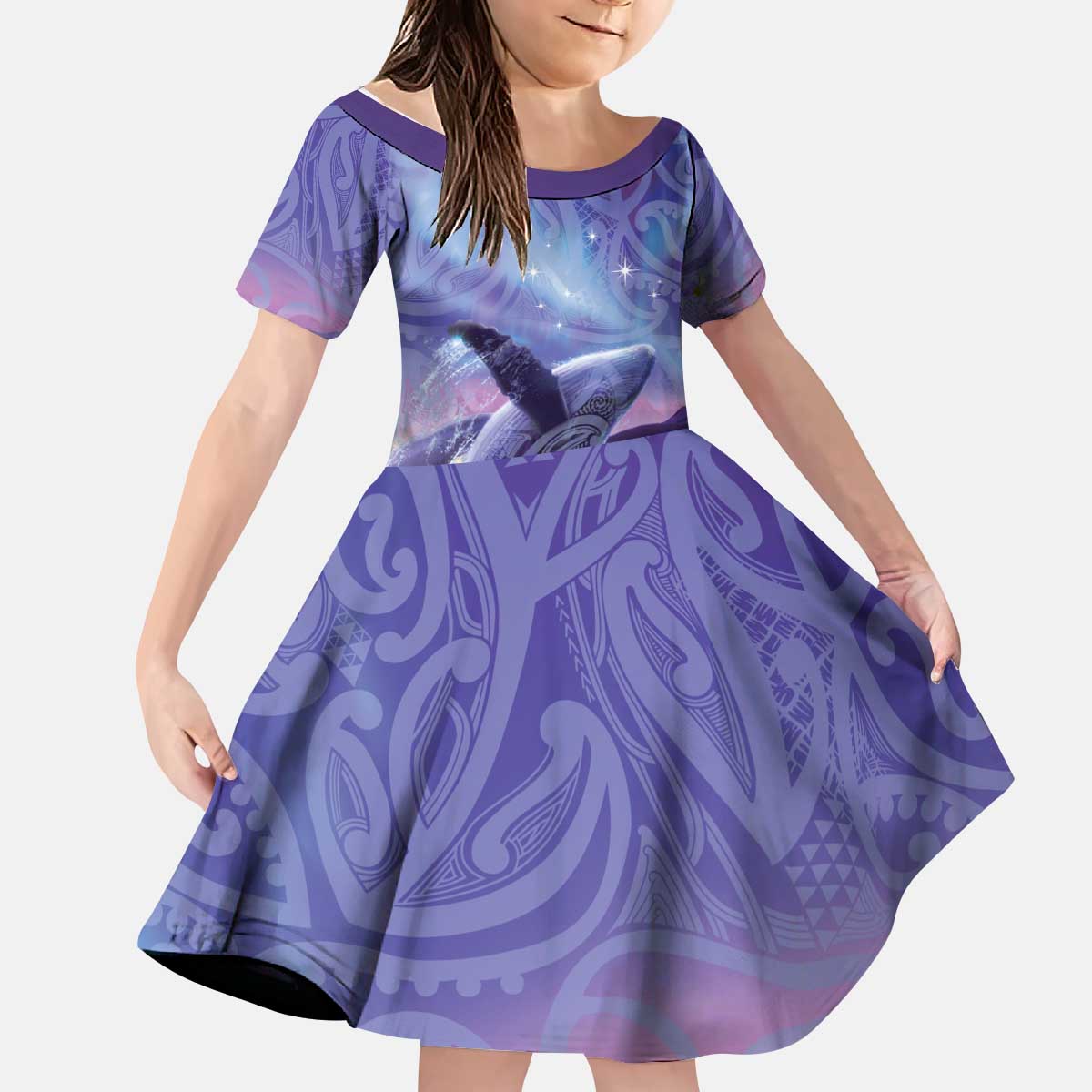 New Zealand Matariki Humpback Whale Kid Short Sleeve Dress Paikea Maori New Year Purple Galaxy LT14 KID Purple - Polynesian Pride