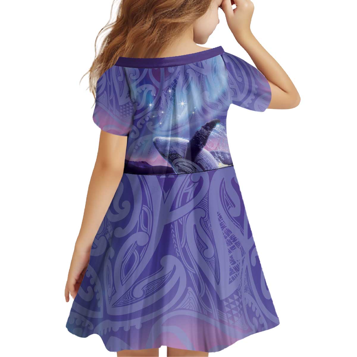 New Zealand Matariki Humpback Whale Kid Short Sleeve Dress Paikea Maori New Year Purple Galaxy LT14 - Polynesian Pride
