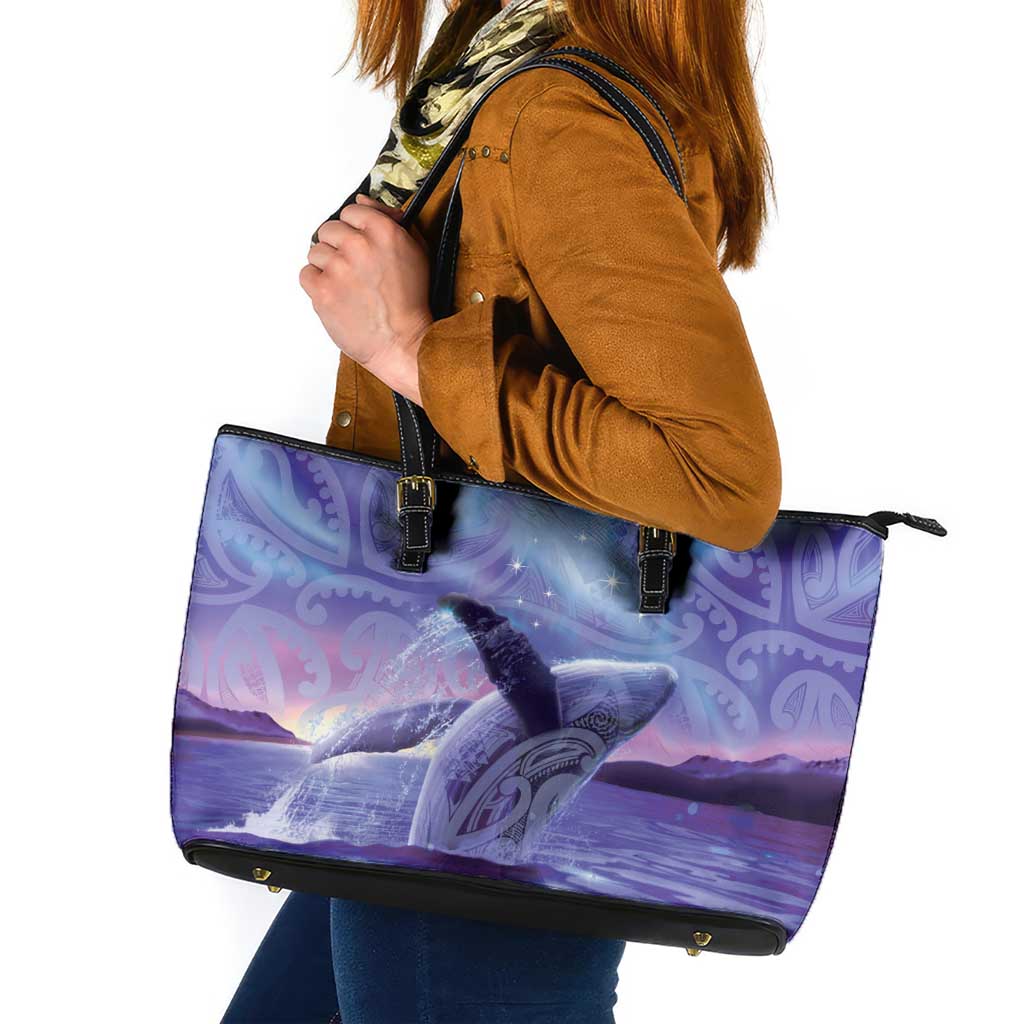 New Zealand Matariki Humpback Whale Leather Tote Bag Paikea Maori New Year Purple Galaxy LT14 Purple - Polynesian Pride