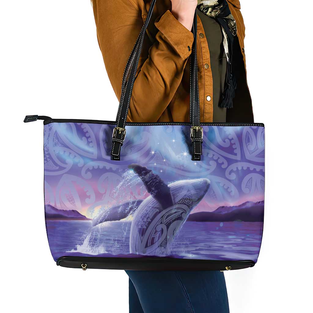 New Zealand Matariki Humpback Whale Leather Tote Bag Paikea Maori New Year Purple Galaxy LT14 - Polynesian Pride
