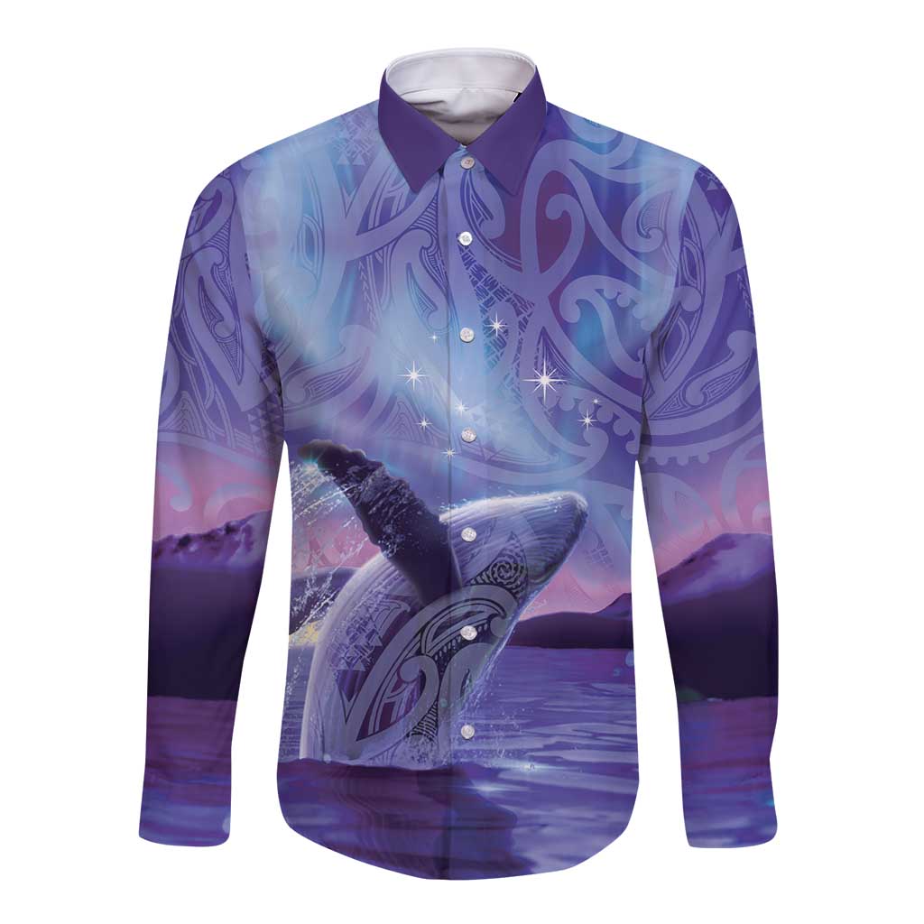 New Zealand Matariki Humpback Whale Long Sleeve Button Shirt Paikea Maori New Year Purple Galaxy LT14 Unisex Purple - Polynesian Pride