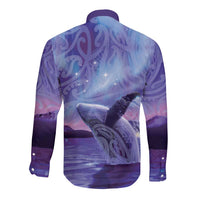 New Zealand Matariki Humpback Whale Long Sleeve Button Shirt Paikea Maori New Year Purple Galaxy LT14 - Polynesian Pride