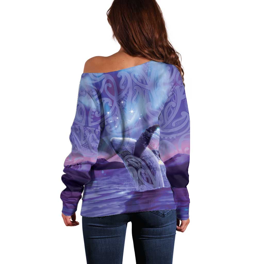 New Zealand Matariki Humpback Whale Off Shoulder Sweater Paikea Maori New Year Purple Galaxy LT14 - Polynesian Pride