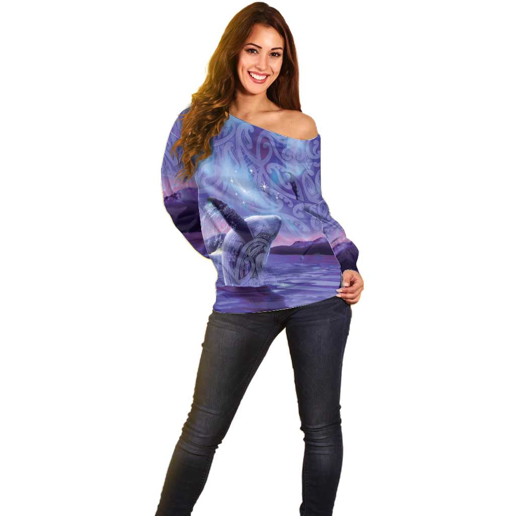 New Zealand Matariki Humpback Whale Off Shoulder Sweater Paikea Maori New Year Purple Galaxy LT14 - Polynesian Pride