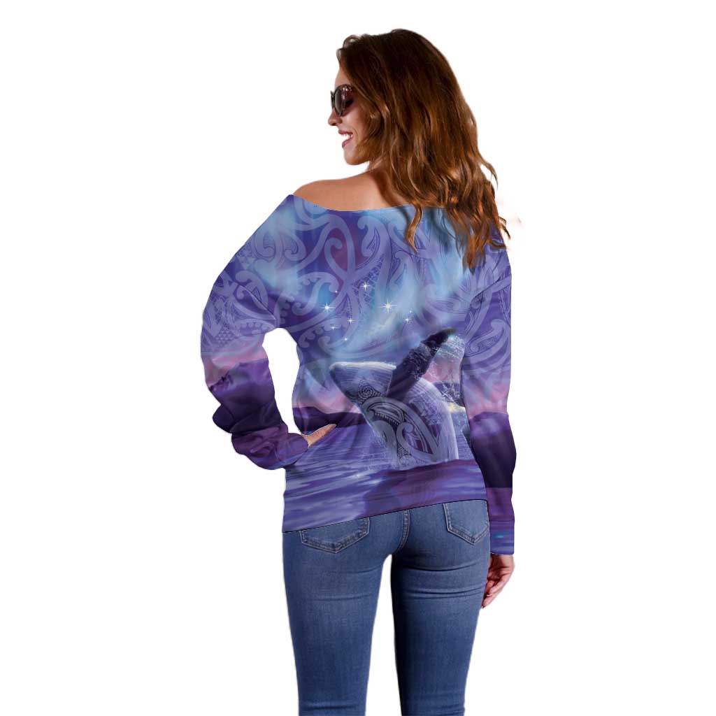 New Zealand Matariki Humpback Whale Off Shoulder Sweater Paikea Maori New Year Purple Galaxy LT14 - Polynesian Pride