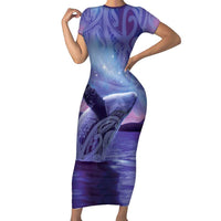 New Zealand Matariki Humpback Whale Short Sleeve Bodycon Dress Paikea Maori New Year Purple Galaxy LT14 Long Dress Purple - Polynesian Pride
