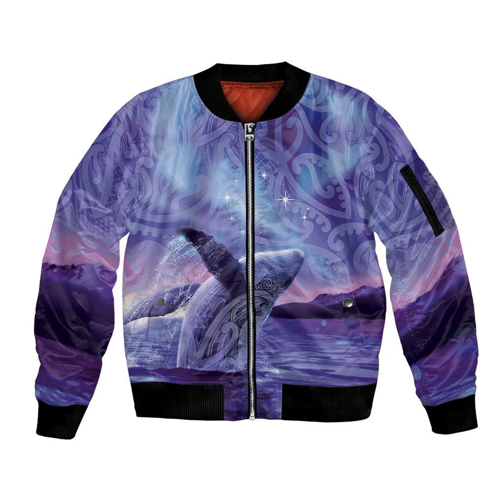 New Zealand Matariki Humpback Whale Sleeve Zip Bomber Jacket Paikea Maori New Year Purple Galaxy LT14 Unisex Purple - Polynesian Pride