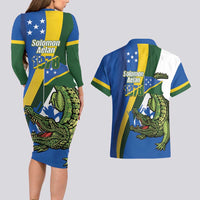 Solomon Islands Independence Day Couples Matching Long Sleeve Bodycon Dress and Hawaiian Shirt Happy 7 July Crocodile Flag Style LT14 - Polynesian Pride