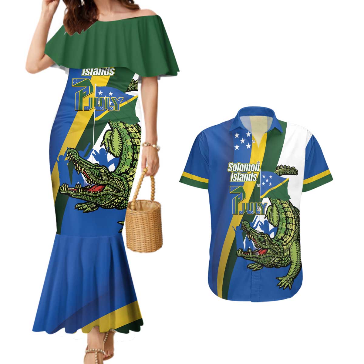 Solomon Islands Independence Day Couples Matching Mermaid Dress and Hawaiian Shirt Happy 7 July Crocodile Flag Style LT14 Blue - Polynesian Pride
