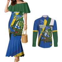 Solomon Islands Independence Day Couples Matching Mermaid Dress and Long Sleeve Button Shirt Happy 7 July Crocodile Flag Style LT14 Blue - Polynesian Pride