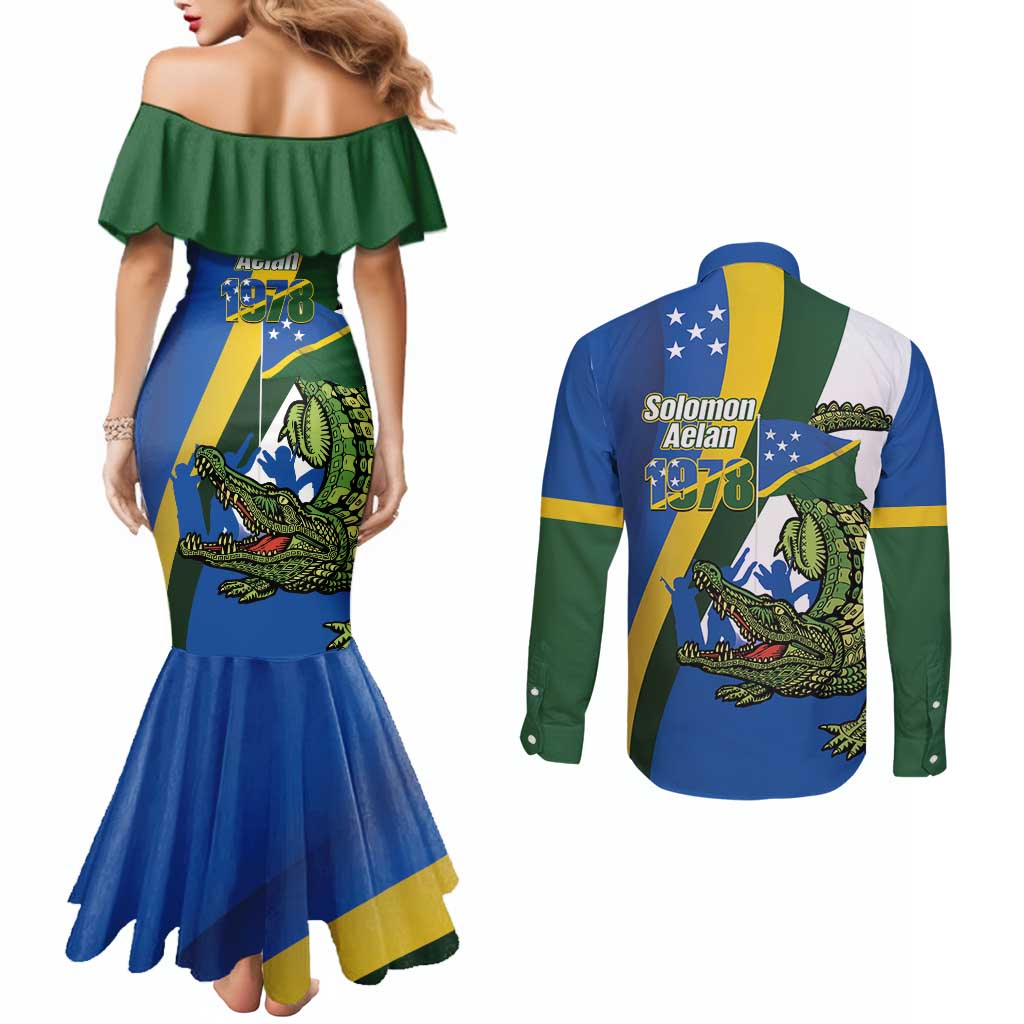 Solomon Islands Independence Day Couples Matching Mermaid Dress and Long Sleeve Button Shirt Happy 7 July Crocodile Flag Style LT14 - Polynesian Pride
