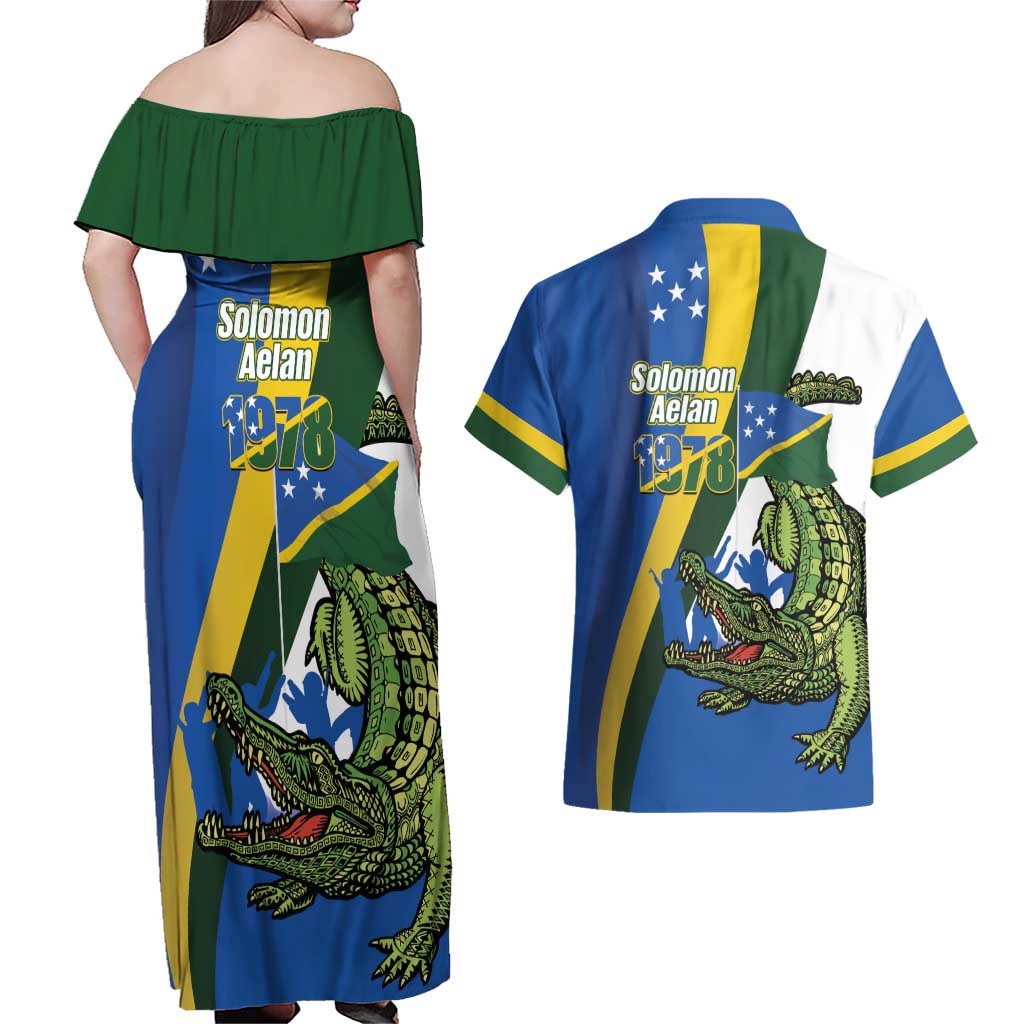 Solomon Islands Independence Day Couples Matching Off Shoulder Maxi Dress and Hawaiian Shirt Happy 7 July Crocodile Flag Style LT14 - Polynesian Pride