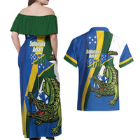 Solomon Islands Independence Day Couples Matching Off Shoulder Maxi Dress and Hawaiian Shirt Happy 7 July Crocodile Flag Style LT14 - Polynesian Pride