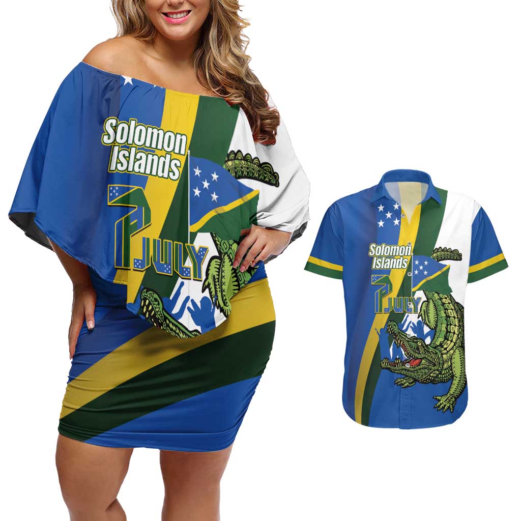 Solomon Islands Independence Day Couples Matching Off Shoulder Short Dress and Hawaiian Shirt Happy 7 July Crocodile Flag Style LT14 Blue - Polynesian Pride