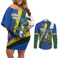 Solomon Islands Independence Day Couples Matching Off Shoulder Short Dress and Long Sleeve Button Shirt Happy 7 July Crocodile Flag Style LT14 Blue - Polynesian Pride