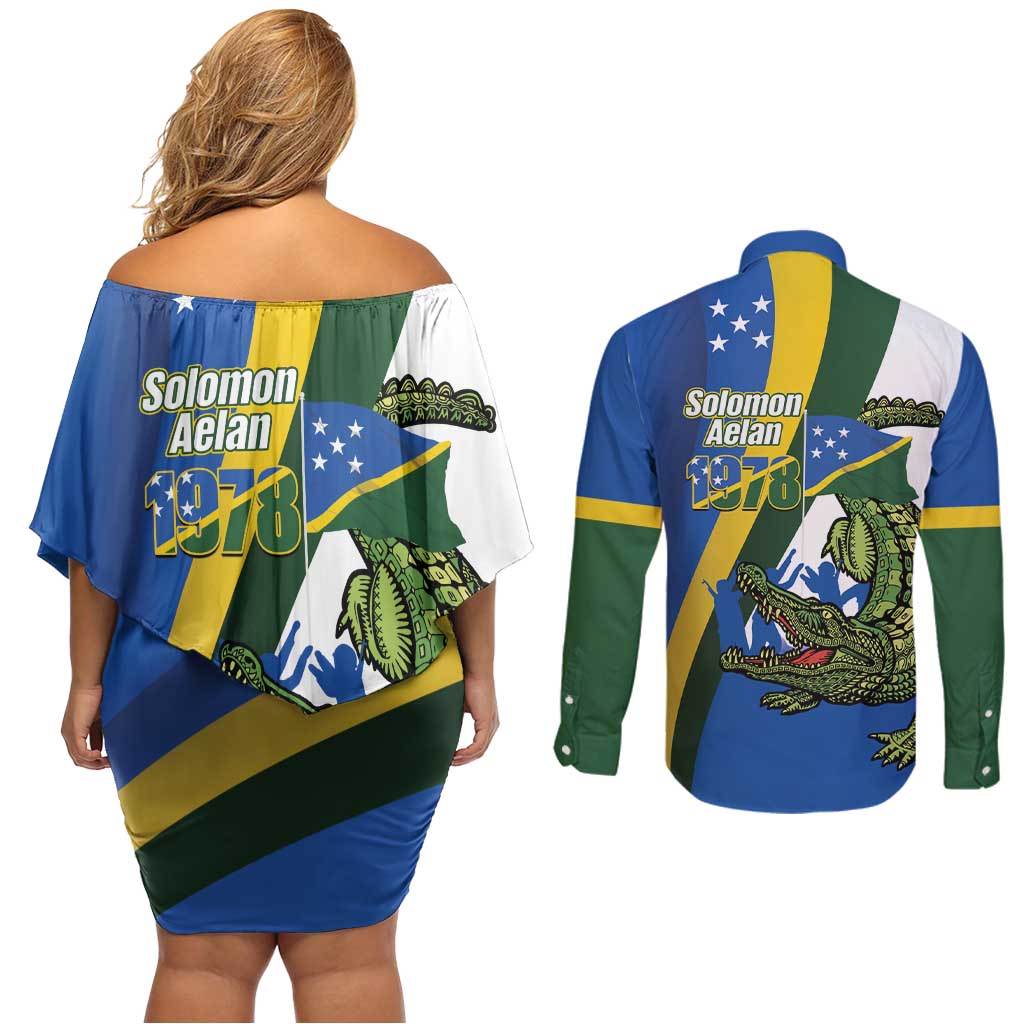 Solomon Islands Independence Day Couples Matching Off Shoulder Short Dress and Long Sleeve Button Shirt Happy 7 July Crocodile Flag Style LT14 - Polynesian Pride