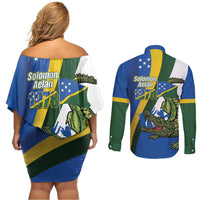 Solomon Islands Independence Day Couples Matching Off Shoulder Short Dress and Long Sleeve Button Shirt Happy 7 July Crocodile Flag Style LT14 - Polynesian Pride
