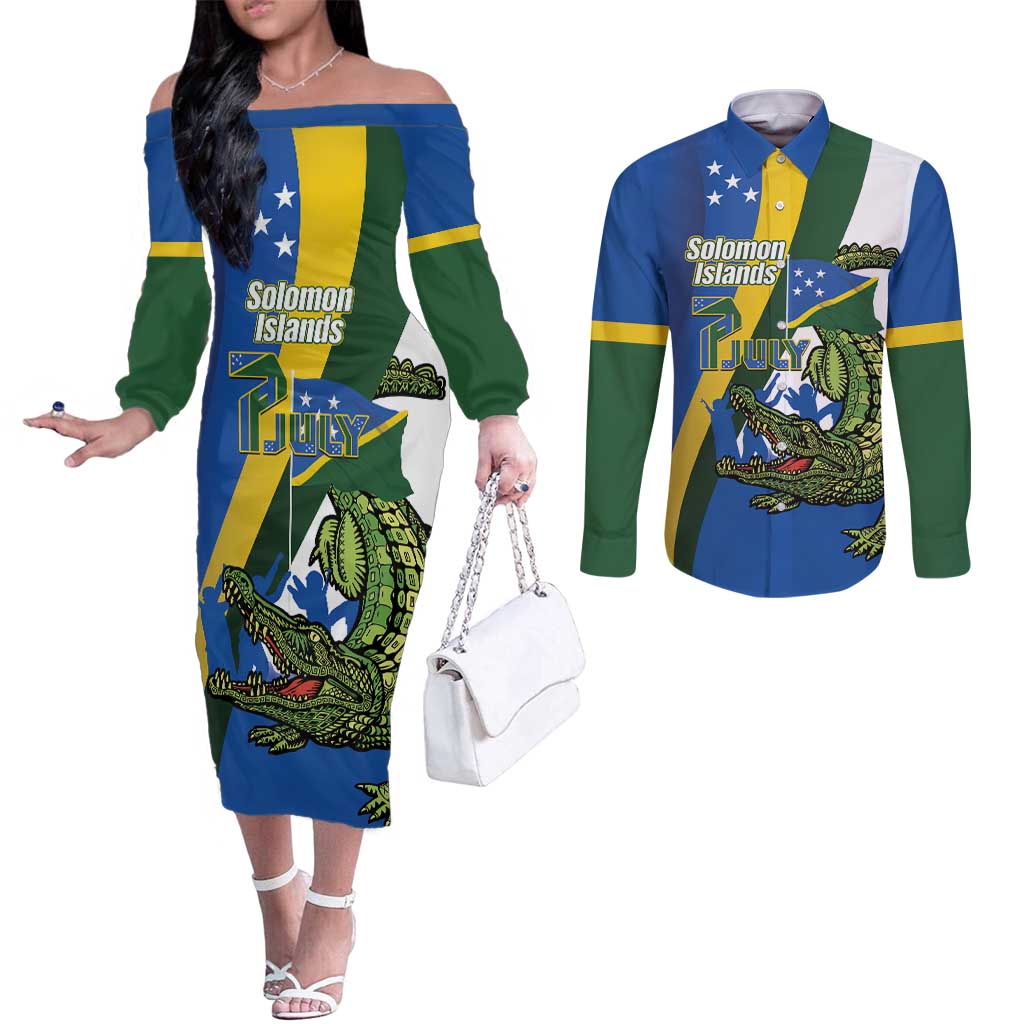 Solomon Islands Independence Day Couples Matching Off The Shoulder Long Sleeve Dress and Long Sleeve Button Shirt Happy 7 July Crocodile Flag Style LT14 Blue - Polynesian Pride