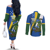 Solomon Islands Independence Day Couples Matching Off The Shoulder Long Sleeve Dress and Long Sleeve Button Shirt Happy 7 July Crocodile Flag Style LT14 - Polynesian Pride
