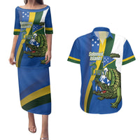 Solomon Islands Independence Day Couples Matching Puletasi and Hawaiian Shirt Happy 7 July Crocodile Flag Style LT14 Blue - Polynesian Pride