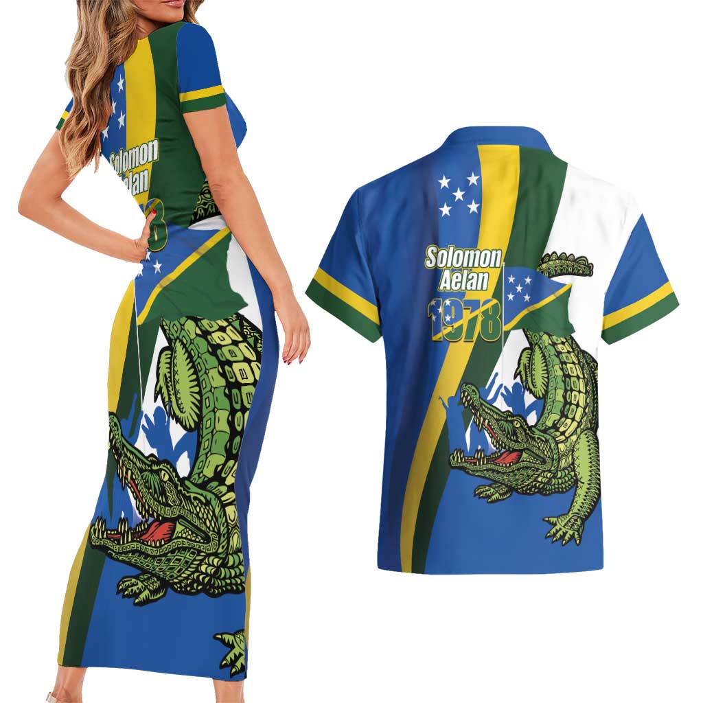 Solomon Islands Independence Day Couples Matching Short Sleeve Bodycon Dress and Hawaiian Shirt Happy 7 July Crocodile Flag Style LT14 - Polynesian Pride