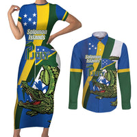 Solomon Islands Independence Day Couples Matching Short Sleeve Bodycon Dress and Long Sleeve Button Shirt Happy 7 July Crocodile Flag Style LT14 Blue - Polynesian Pride